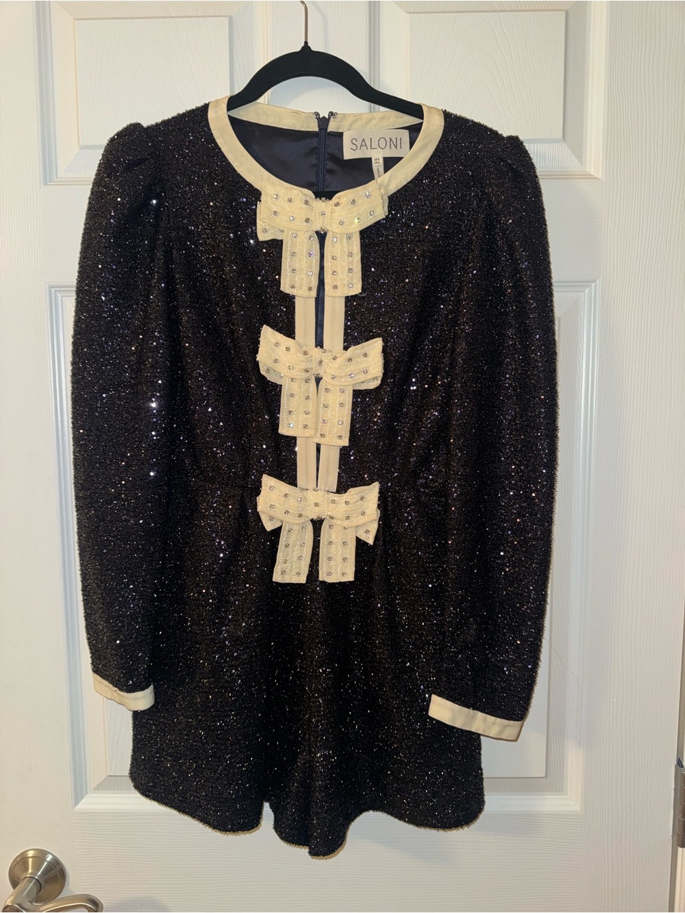 Saloni Camille Crystal Bows B Romper Playsuit Midnight Tinsel Sequin Navy US 2